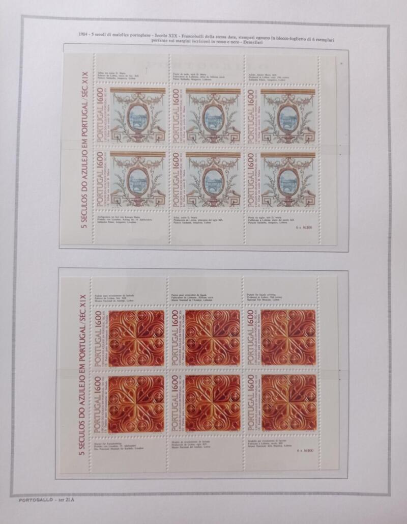 Minifogli Portogallo Anno 1984 Maioliche portoghesi 14esima e 15esima serie (cat. n. 1618 e 1619) montati su Fogli Marini King usati (i fogli sono in omaggio)