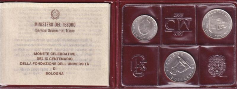 Trittico di monete Italia Università di Bologna Lire 500 Lire 200 Lire 100 Anno 1988