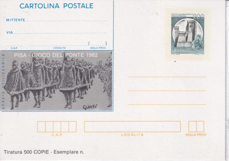 Cartolina postale n. 189 del 1981 Gioco del ponte sfilata dei Celatini - opera Giampiero Lucchesi