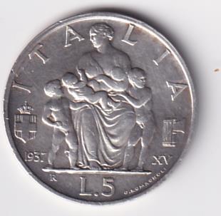 Moneta Regno d'Italia VITTORIO EMANUELE  III RE D’ITALIA E IMPERATORE - ITALIA  Lire 5   1937  XV