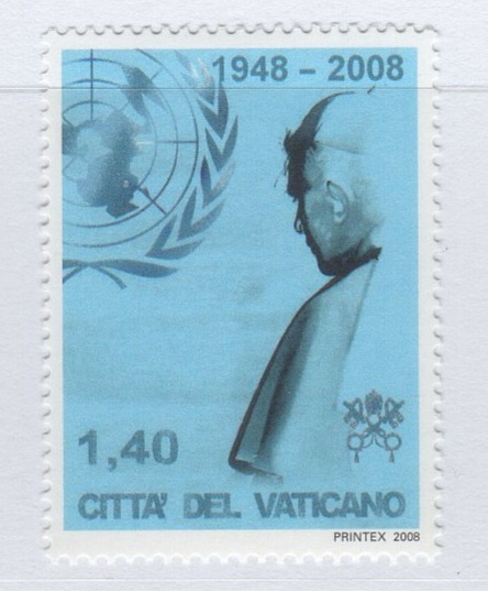Francobollo Vaticano Anno 2008 Visita di Sua Santità Benedetto XVI all'ONU in occasione del 60esimo anniversario della Dichiarazione Universale dei Diritti dell'Uomo
