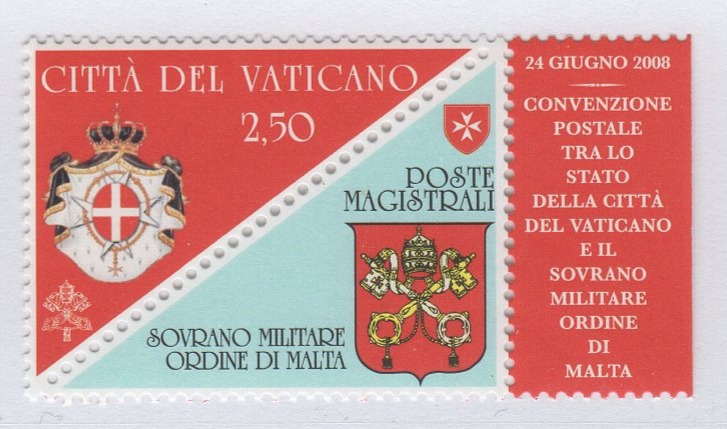 Francobollo Vaticano Anno 2008 Convenzione postale tra il Sovrano Militare Ordine di Malta e lo Stato della Città del Vaticano - Emissione congiunta con lo SMOM