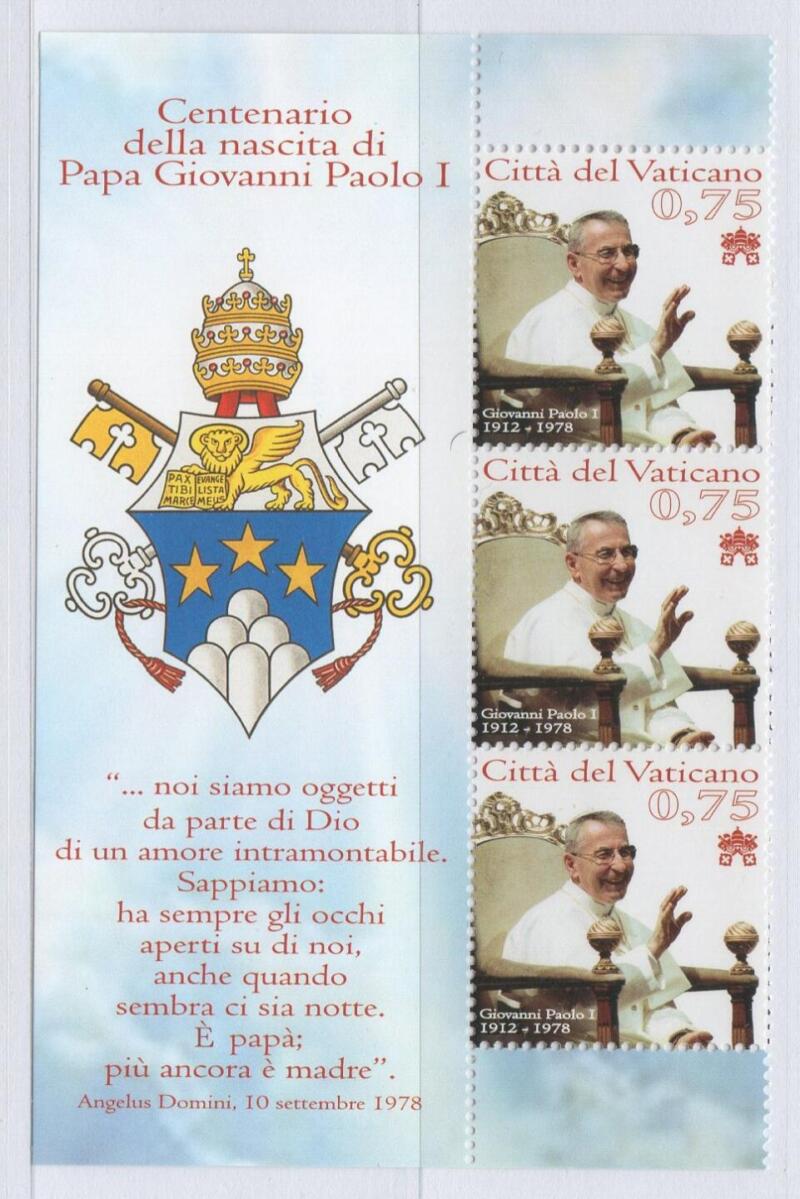 Francobollo Vaticano Anno 2012 Centenario della nascita di Papa Giovanni Paolo I Terzina con immagine foglietto