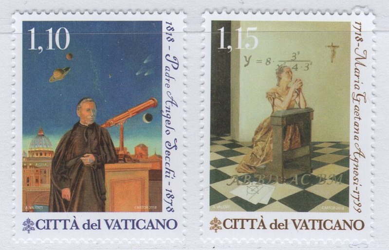 Francobolli Vaticano Anno 2018 Scienza e fede Bicentenario della nascita di Padre Angelo Secchi e terzo centenario della nascita di Maria Gaetana Agnesi