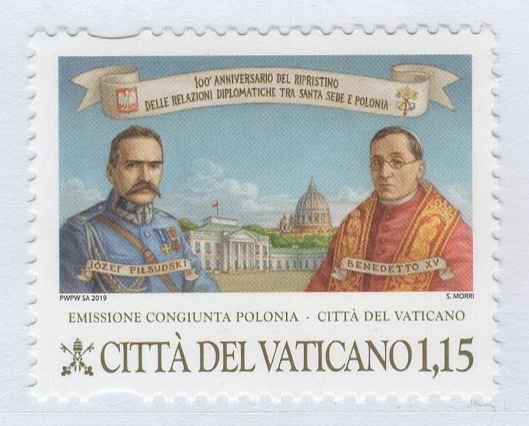 Francobollo Vaticano Anno 2019 Centenario del ripristino delle relazioni diplomatiche tra Santa Sede e Polonia - Emissione congiunta con la Polonia