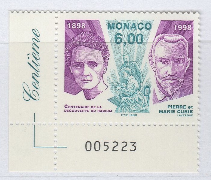 Francobollo Monaco Anno 1998 Centenario della scoperta del radio da parte di Pierre e Marie Curie