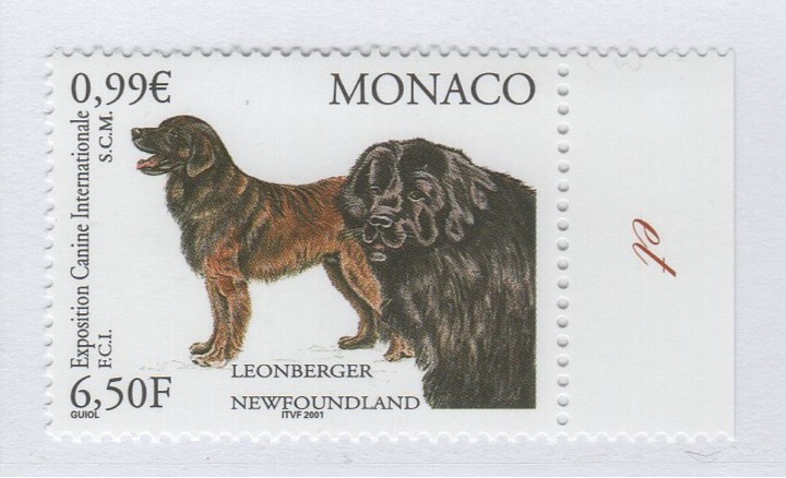 Francobollo Monaco Anno 2001 Esposizione canina internazionale di Montecarlo