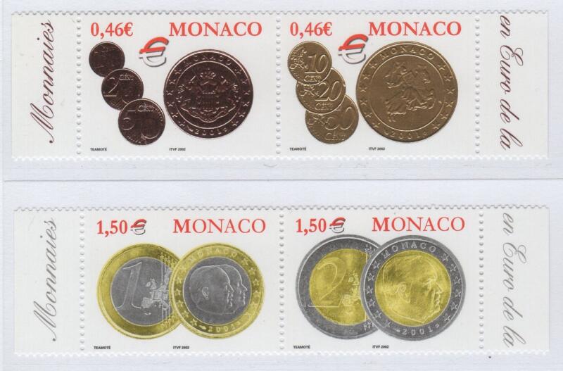 Francobolli Monaco Anno 2002 Introduzione delle monete e delle banconote in Euro
