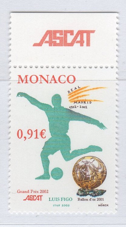 Francobollo Monaco Anno 2002 Assegnazione del Premio Internazionale Filatelico dell'ASCAT a Louis Figo