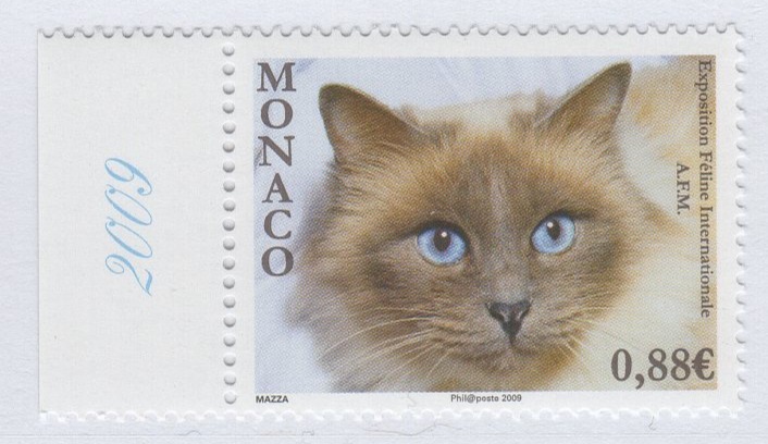 Francobollo Monaco Anno 2009 Esposizione felina internazionale di Montecarlo