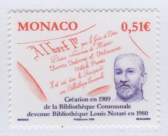 Francobollo Monaco Anno 2009 Centenario della biblioteca Louis Notari