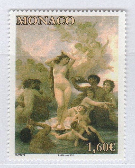 Francobollo Monaco Anno 2009 Pittura La nascita di Venere di William Adolphe Bouguereau