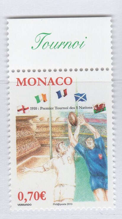 Francobollo Monaco Anno 2010 Centenario del torneo internazionale di rugby 5 Nazioni