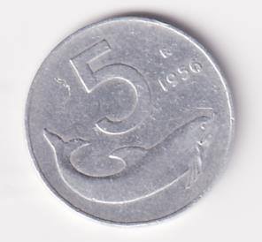 Moneta Italia Anno 1956 Lire 5 Delfino