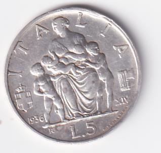Moneta Regno d'Italia VITTORIO EMANUELE  III RE D'ITALIA E IMPERATORE - ITALIA  Lire 5   1936  XIV