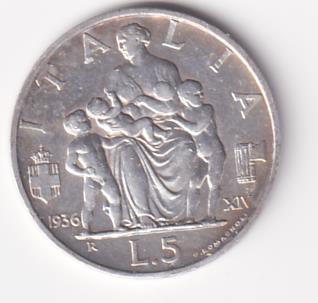 Moneta Regno d'Italia VITTORIO EMANUELE  III RE D’ITALIA E IMPERATORE - ITALIA  Lire 5   1936  XIV