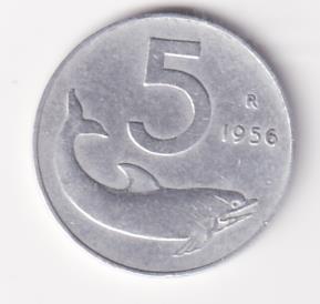 Moneta Italia Anno 1956 Lire 5 Delfino