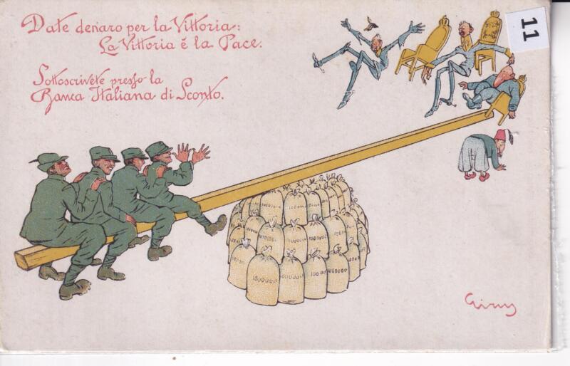 Cartolina d'epoca a soggetto militare Date denaro per la Vittoria