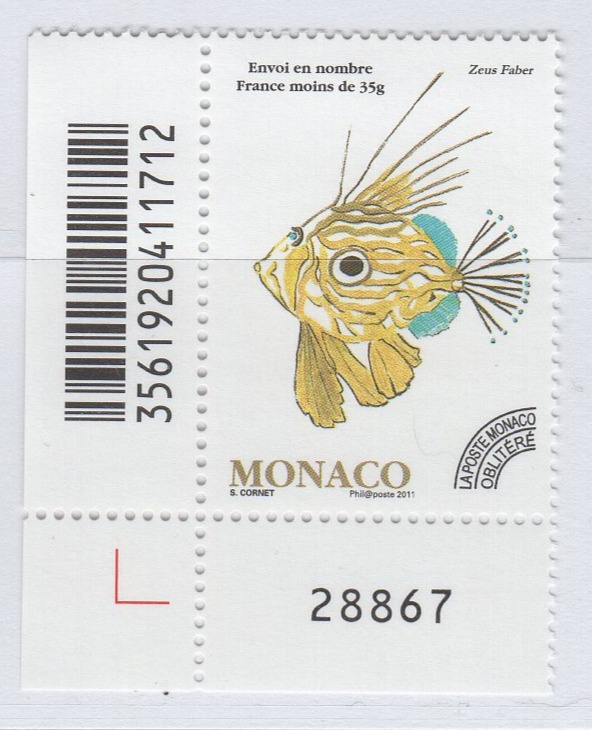Francobollo per stampati Monaco Anno 2011 Pesci Preobliterato