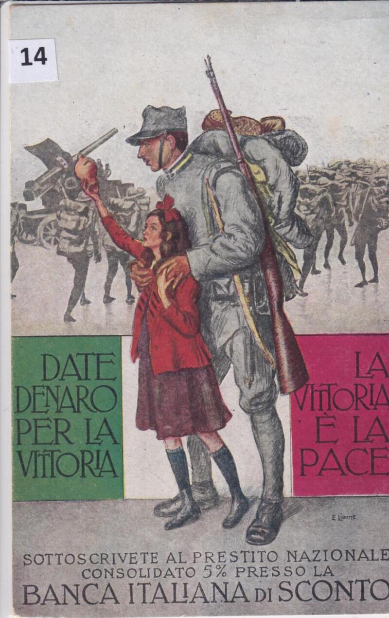 Cartolina d'epoca a soggetto militare Date denaro per la vittoria
