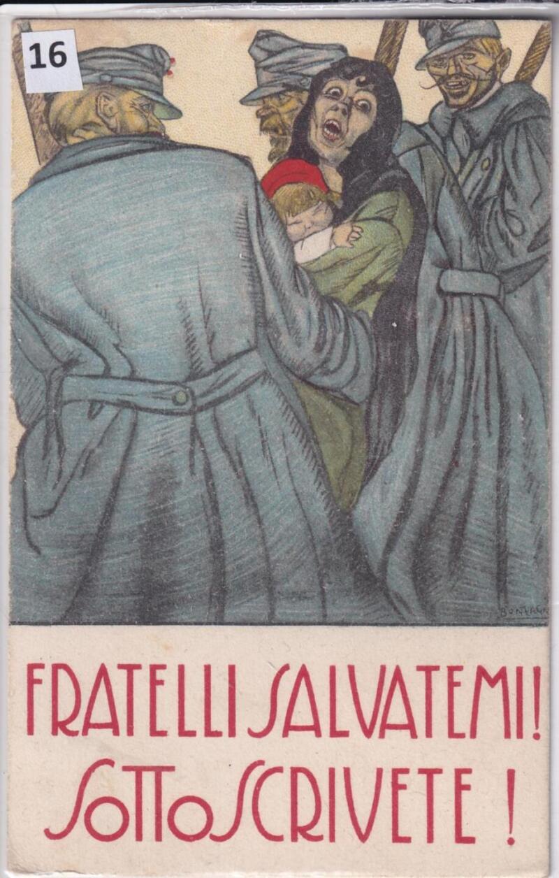 Cartolina d'epoca a soggetto militare Fratelli salvatemi! Sottoscrivete!
