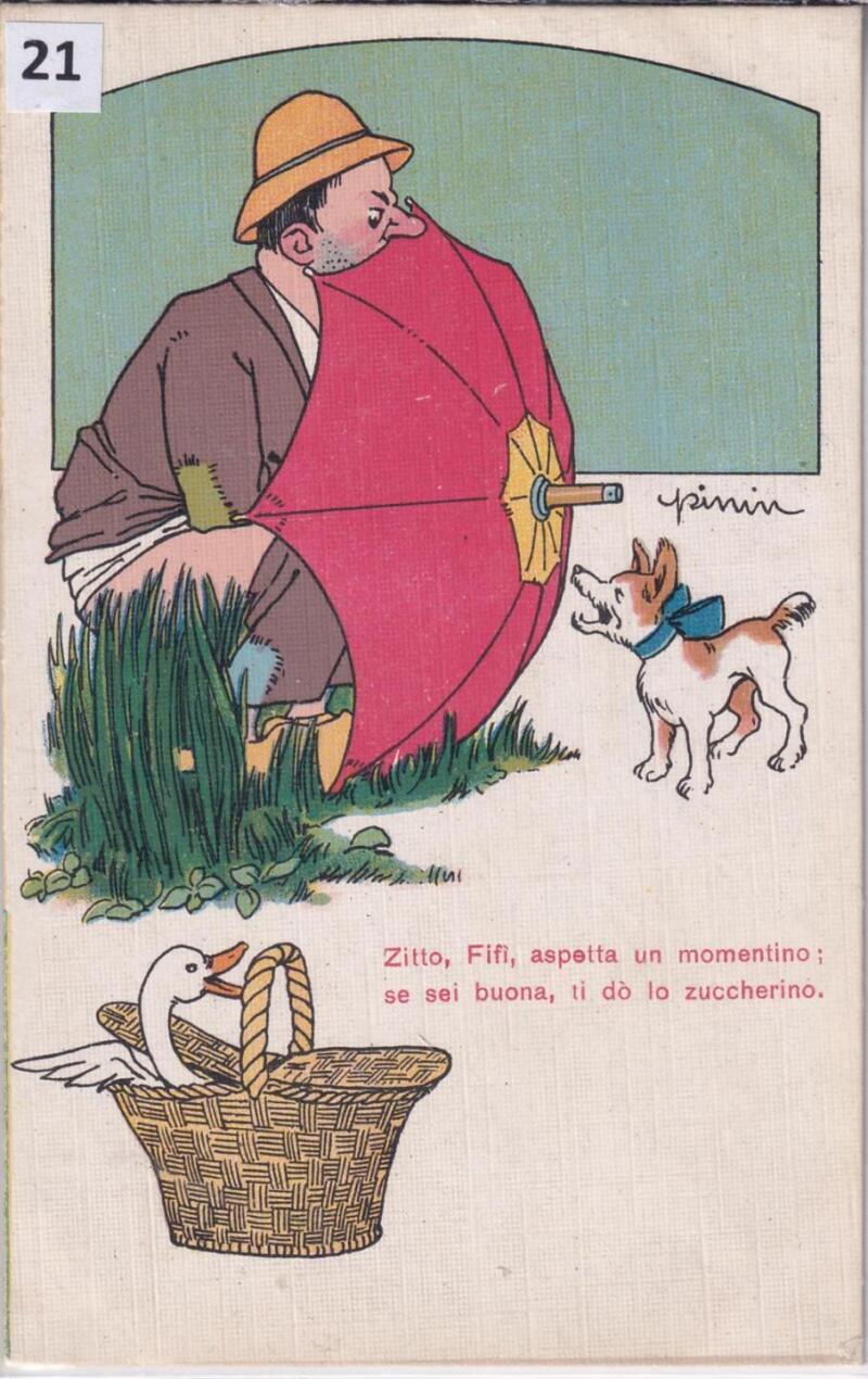 Cartolina d'epoca umoristica Zitto Fifì, aspetta un momentino