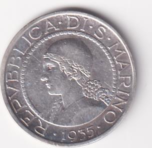 Moneta FORTIS. IN. TEMPERANTIA L. 5 - REPUBBLICA DI S. MARINO 1935