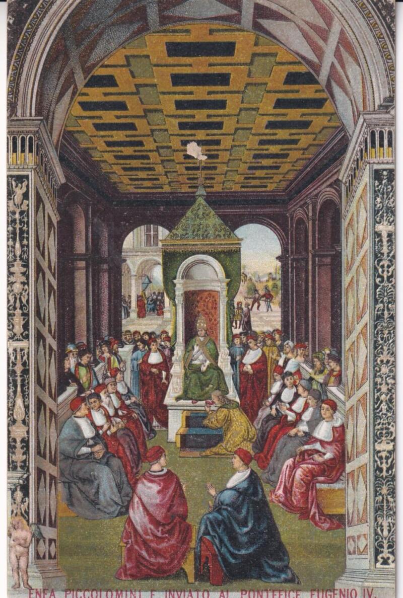 Cartolina d'epoca Serie Enea Piccolomini - Piccolomini è inviato al Pontefice Eugenio IV Quarto Quadro