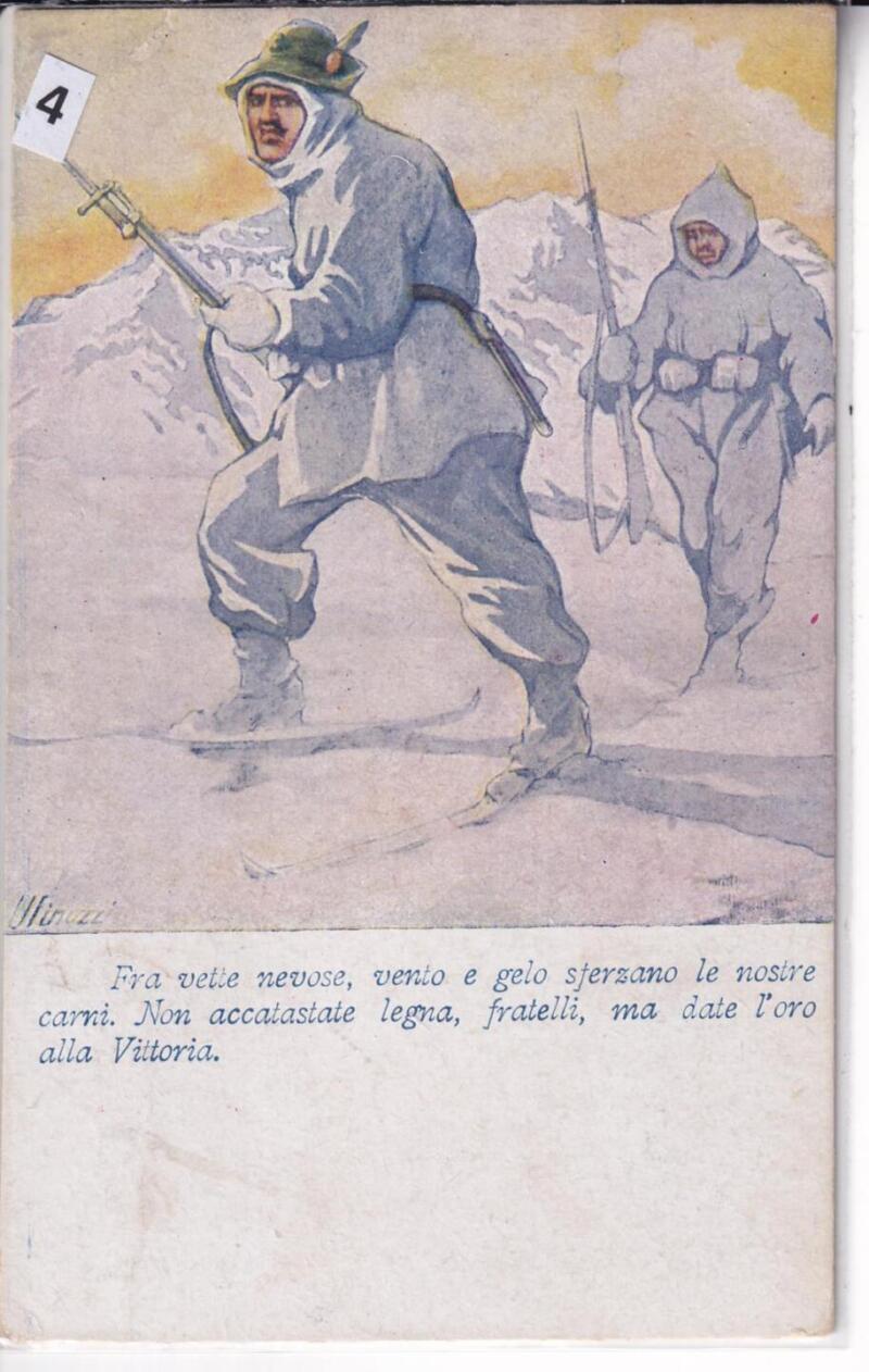 Cartolina d'epoca a soggetto militare Fra vette nevose