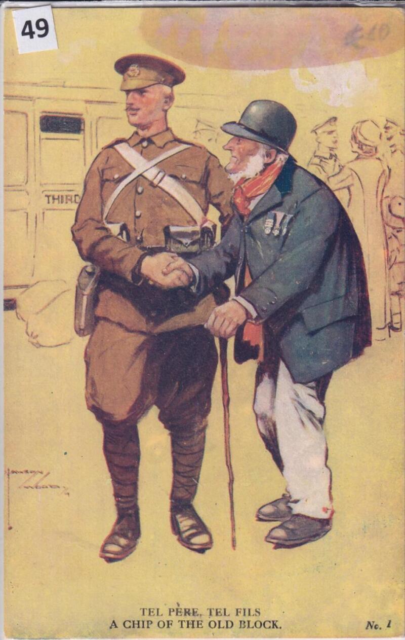 Cartolina d'epoca a soggetto militare Tel perè, tel fils a chip of the old block