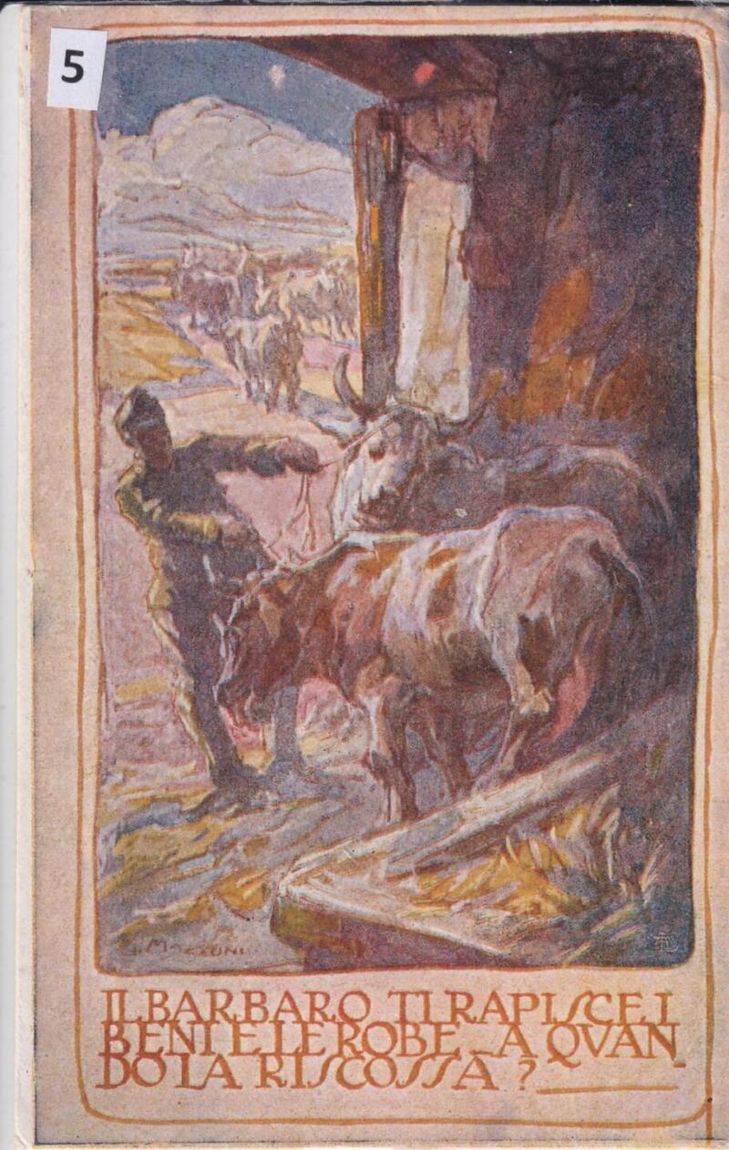 Cartolina d'epoca a soggetto militare Il barbaro ti rapisce i beni e le robe