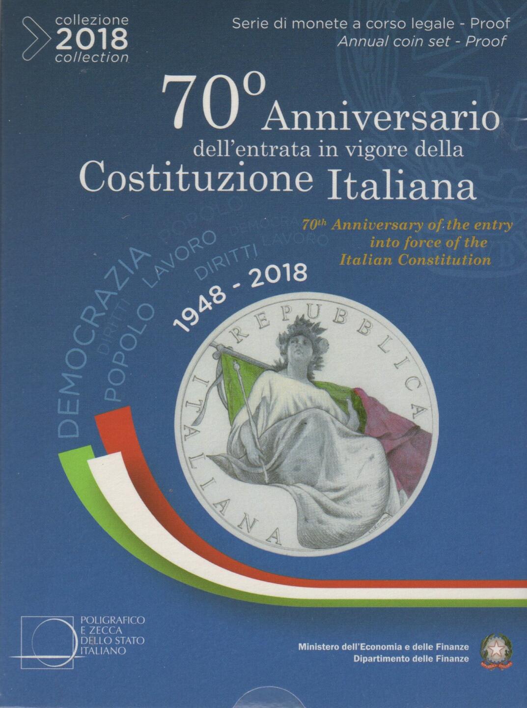 Monete Italia Anno 2018 Serie divisionale Proof con 5 Euro in argento celebrativa del 70esimo anniversario dell'entrata in vigore della Costituzione Italiana