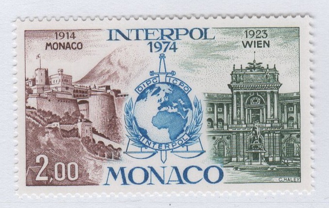 Francobollo Monaco Anno 1974 INTERPOL 60esimo anniversario del primo congresso di Interpol a Monaco