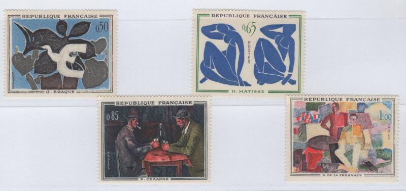 Francobolli Francia Anno 1961 Opere d’arte G. Braque ‘Il messaggero’ H. Matisse ‘I nudi blu’ P. Cézanne ‘I giocatori di carte’ R. De la Fresnaye ‘Il 14 luglio’