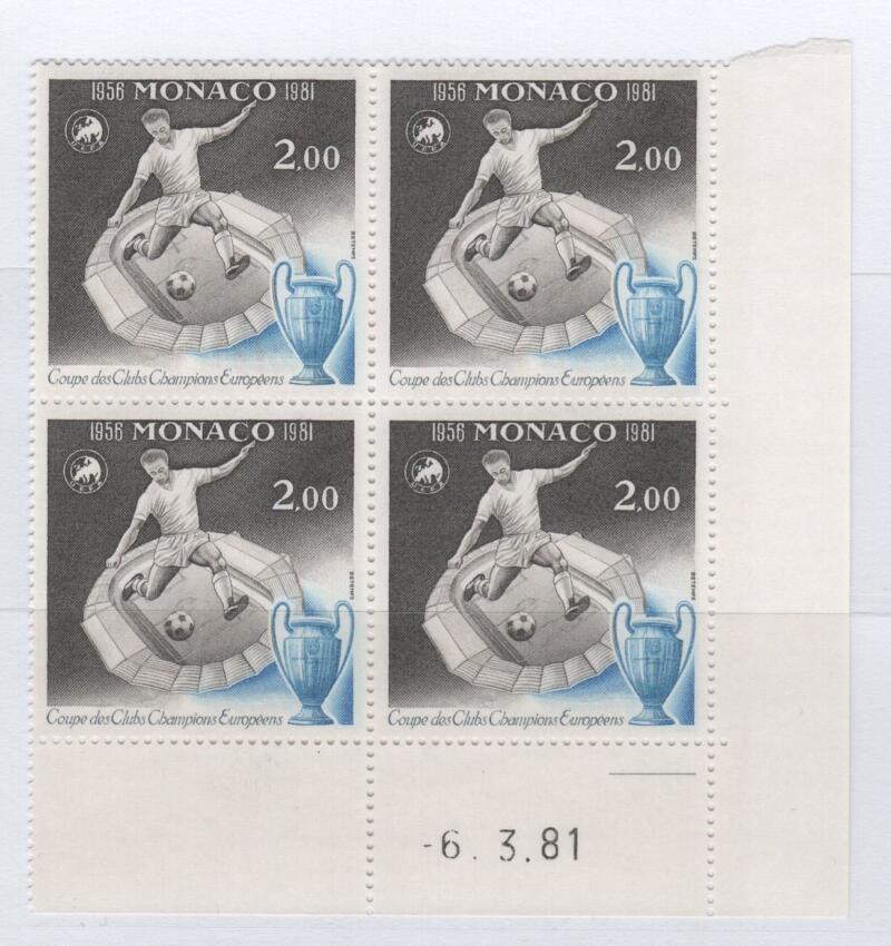 Francobollo Monaco Anno 1981 25esimo anniversario della prima finale della Coppa d'Europa di calcio Quartina