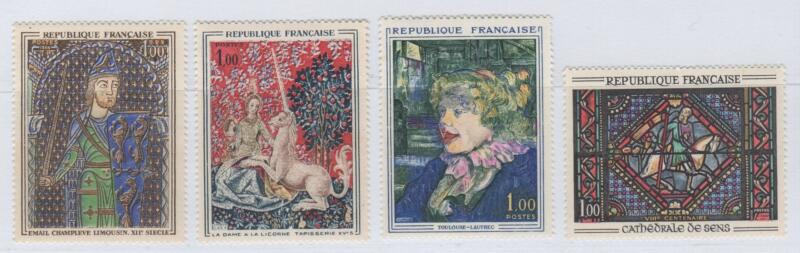 Francobolli Francia Anno 1964 Opere d’arte Smalto ‘Goffredo IV Il Bello’ Arazzo ‘La dama col liocorno’ H. Toulouse-Lautrec ‘L’anglaise du star’ Vetrata Cattedrale di Sens