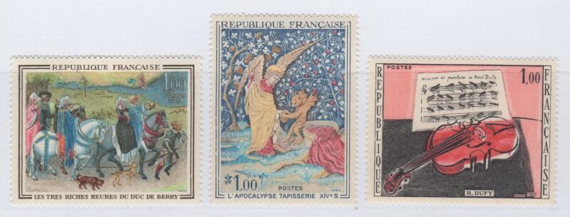 Francobolli Francia Anno 1965 Opere d’arte Miniatura ‘Les très riches heures du Duc Berry’ Arazzo del XIV secolo ‘L’Apocalisse’ R. Dufy ‘Il violino rosso’