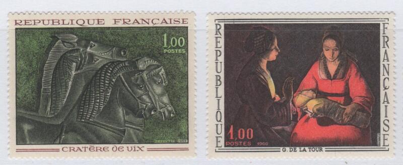 Francobolli Francia Anno 1966 Opere d’arte Vaso del 520 a.C. ‘ Cratere di Vix’ G. de la Tour ‘Il nuovo nato’