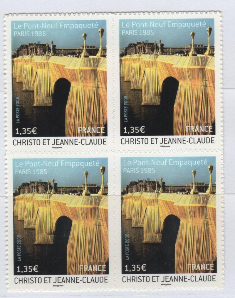 Francobollo Francia Anno 2009 Opere d’arte Christo e Jeanne-Claude ‘Le Pont-Neuf empaquetè’ Autoadesivo Quartina