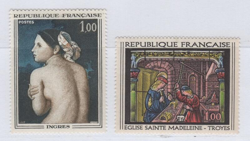 Francobolli Francia Anno 1967 Opere d’arte J.A.D. Ingres ‘La Bagnante’ Vetrata Chiesa di S. Maddalena Troyes