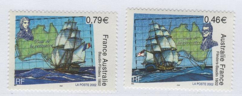 Francobolli Francia Anno 2002 Bicentenario dell'incontro tra i navigatori ed esploratori Nicolas Baudin e Matthew Flinders in Australia - Emissione congiunta con l'Australia