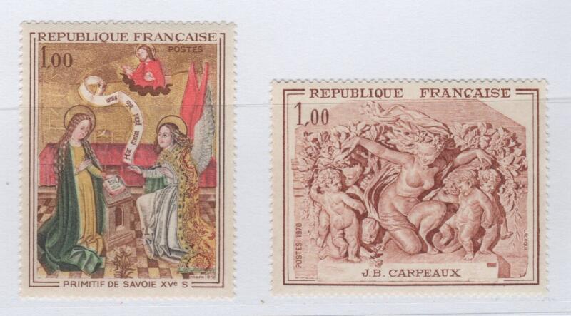 Francobolli Francia Anno 1970 Opere d’arte Scuola I primitivi ‘Annunciazione’ J.B. Carpeaux ‘Il trionfo di Flora’