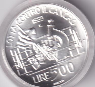 Moneta Italia Anno 1989 Lire 500 Lotta contro il cancro