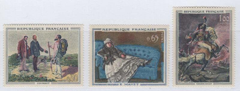 Francobolli Francia Anno 1962 Opere d’arte G. Courbet ‘L’incontro’ E. Manet ‘Madame Manet sul divano blu’ Géricault ‘Ufficiale cacciatori a cavallo’