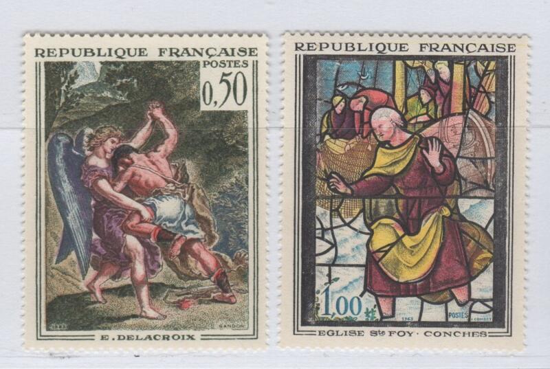 Francobolli Francia Anno 1963 Opere d’arte E. Delacroix ‘Lotta di Giacobbe con l’angelo’ Vetrata Chiesa di San Foy a Conches