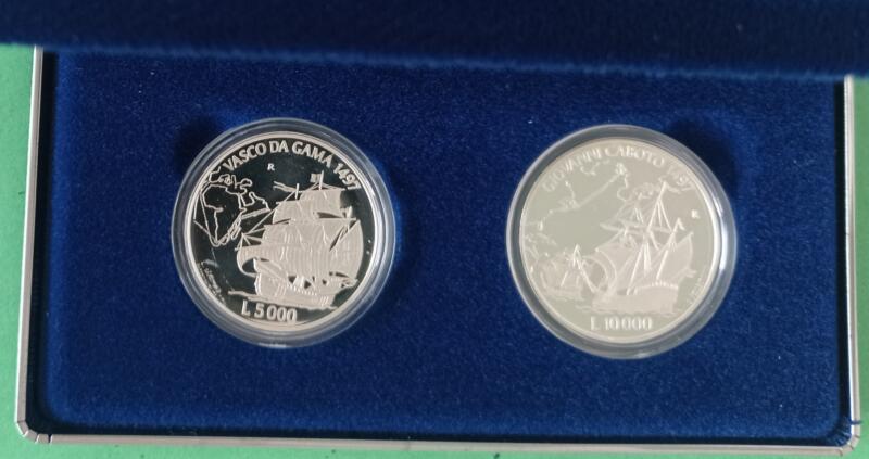 Monete San Marino Anno 1997 Lire 5000 e Lire 10000 Grandi navigatori Giovanni Caboto e Vasco da Gama Proof