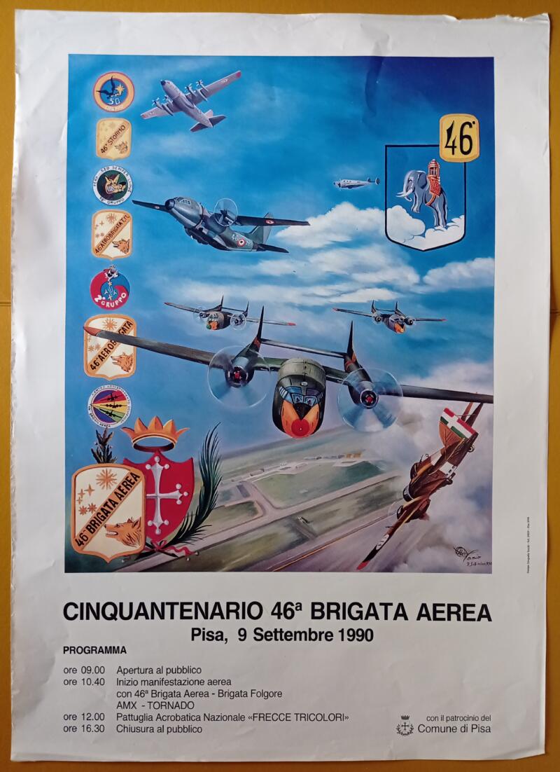 Manifesto dell’evento celebrativo del Cinquantenario della 46esima Brigata Aerea con programma dell’evento e riproduzione di un’opera del pittore Otto Pamio Pisa 9 settembre 1990