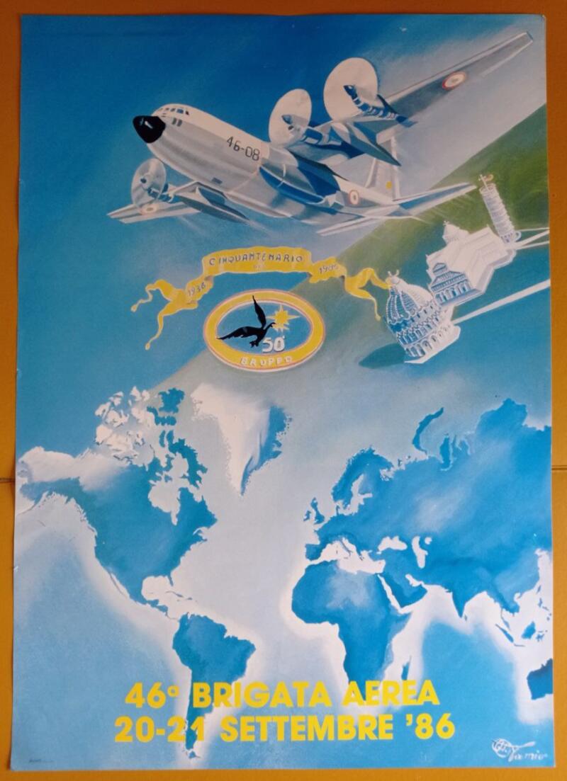 Manifesto celebrativo del Cinquantenario del 50esimo Gruppo riproduzione di un’opera del pittore Otto Pamio 46esima Brigata Aerea 20-21 settembre ’86