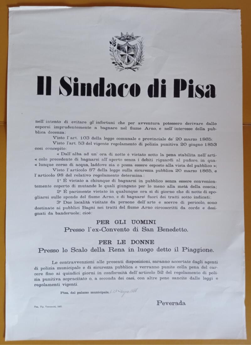 Manifesto con Regolamentazione del Sindaco di Pisa della balneazione in Arno datato 15 Giugno 1888 Riproduzione