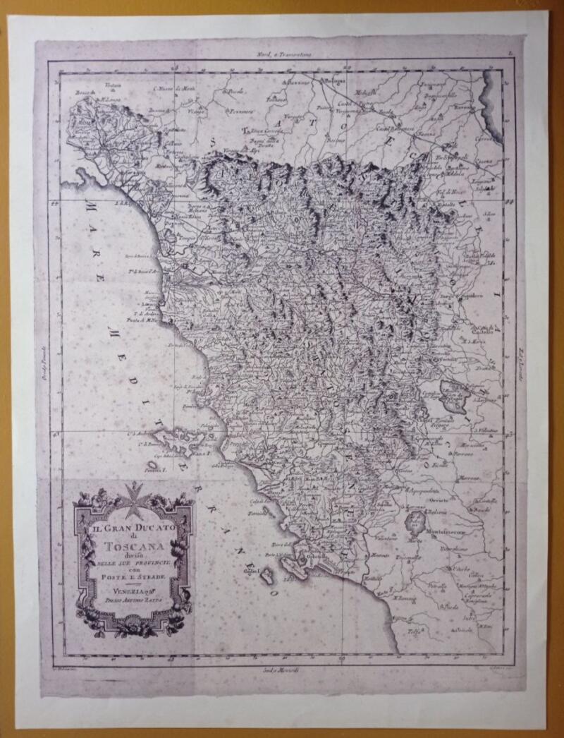 Stampa ‘Il Granducato di Toscana diviso nelle sue provincie con Poste e Strade - Venezia 1706 presso Antonio Zatta’ Riproduzione